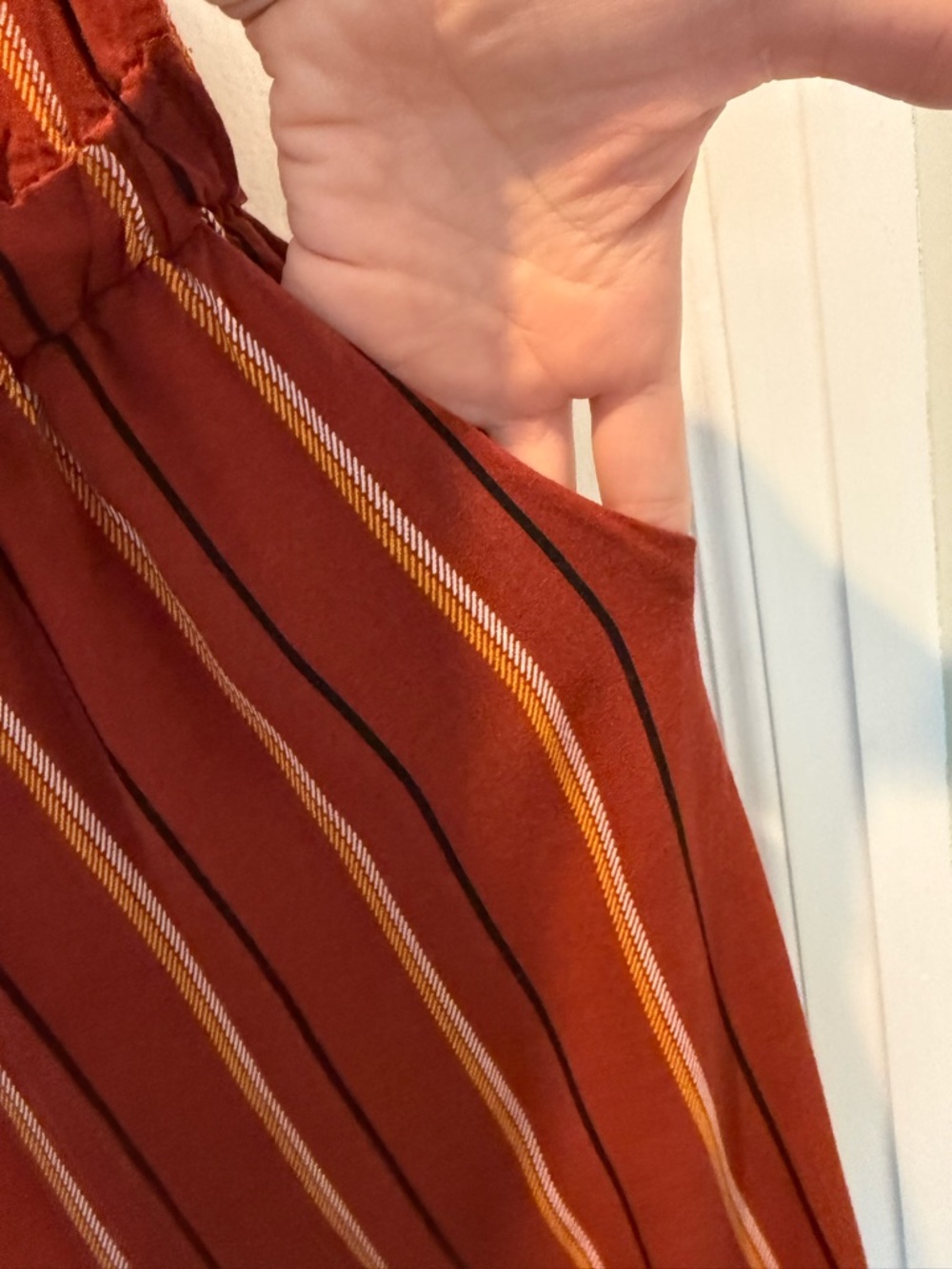 Women’s Rust colored Striped Strapless Wide-Leg Jumpsuit - Picture 7 of 10